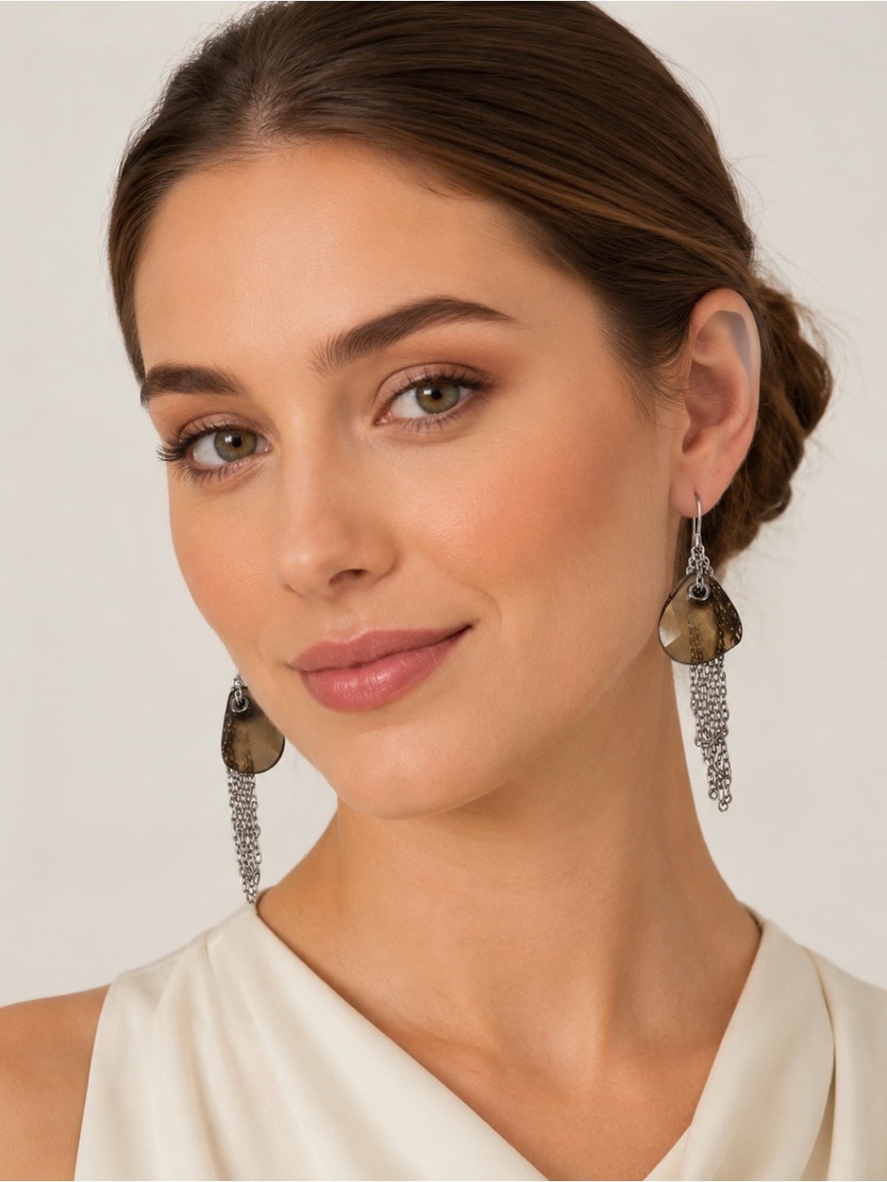 Swarovski Smoky Brown Disc Earrings with Silver Chain Tassels
